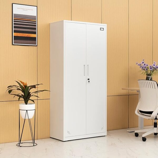 White metal storage cabinet with adjustable shelves and locking doors in a modern office setting.