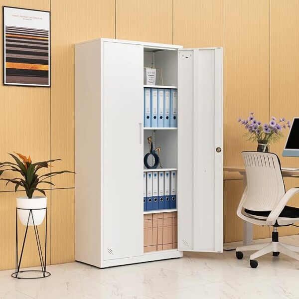 White metal storage cabinet with adjustable shelves and locking doors in a modern office setting.