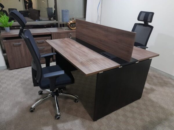 2-Person Modern Working Station with wood-grain finish, privacy divider, and lockable storage drawers for organized office spaces.