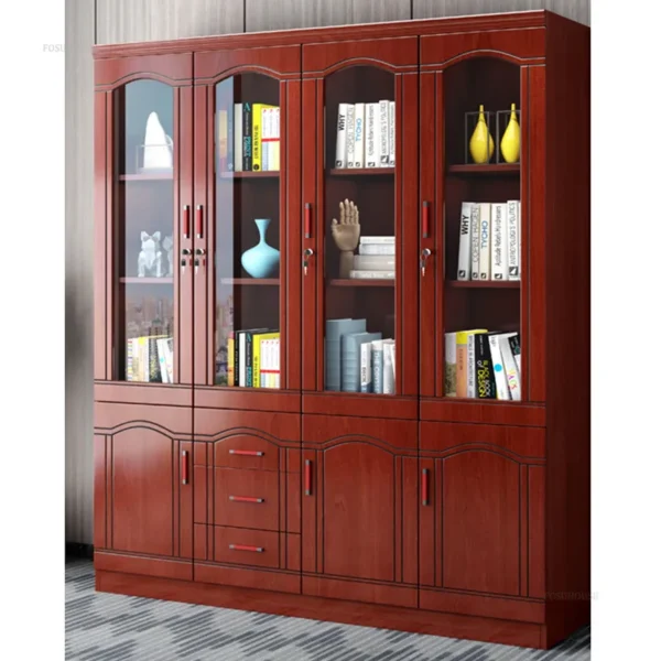 4-Door Wooden Office Storage Cabinet with glass doors, adjustable shelves, and lockable drawers, ideal for modern office organization.