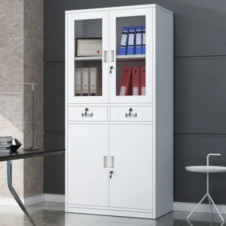 Office metallic cabinet with top glass doors, ideal for organized storage in modern workplaces.