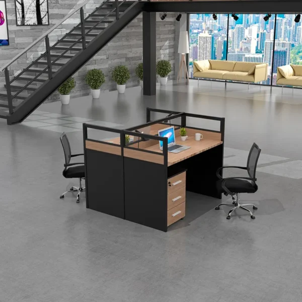 Two-Way Computer Workstation with glass partition, grommets, and a mobile pedestal for a modern office setup.