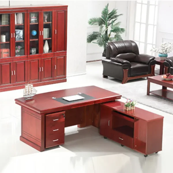 1400mm L-Shape Executive Desk featuring a mahogany finish, leatherette inlay, and ample storage, ideal for professional office settings.