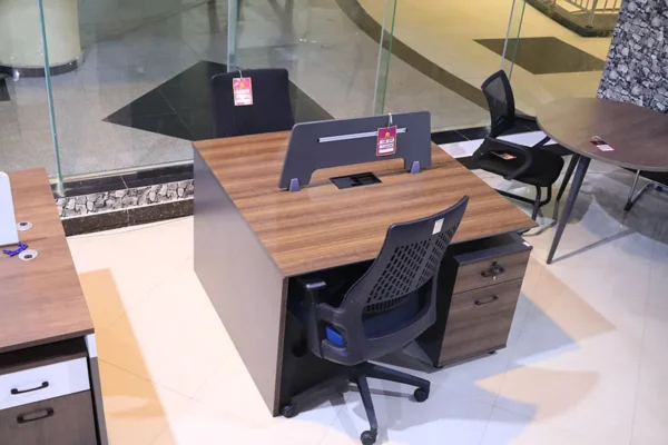 2-Person Modern Working Station with wood-grain finish, privacy divider, and lockable storage drawers for organized office spaces.