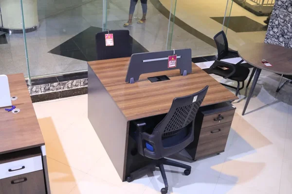 2-Person Modern Working Station with wood-grain finish, privacy divider, and lockable storage drawers for organized office spaces.