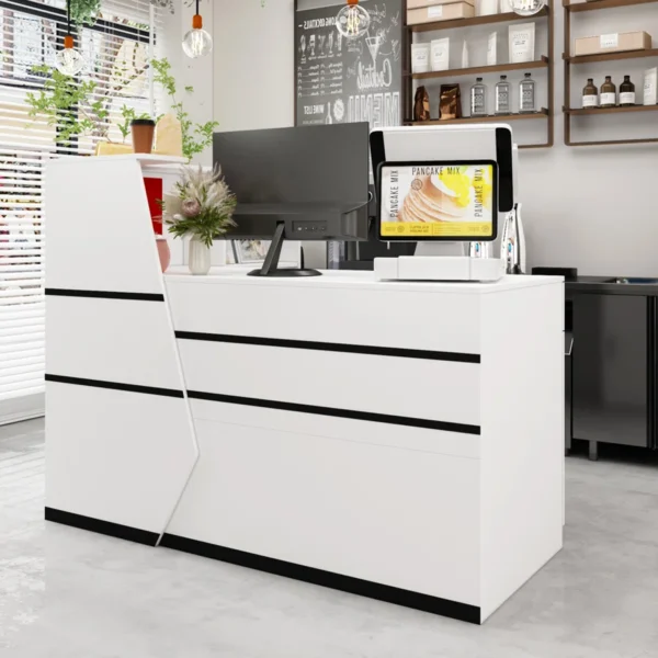 160cm Executive Reception Desk in white with black trims, featuring open storage, a keyboard drawer, and a lockable cabinet.