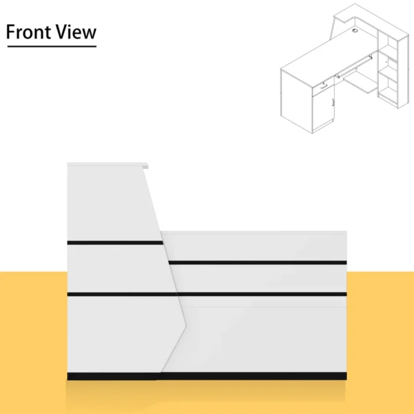 160cm Executive Reception Desk in white with black trims, featuring open storage, a keyboard drawer, and a lockable cabinet.