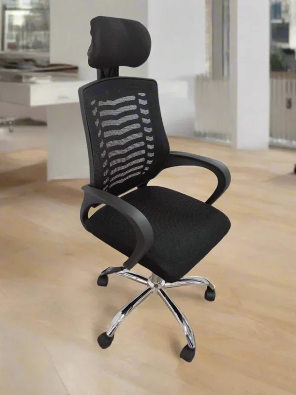 Ergonomic Headrest Mesh Desk Chair designed for comfort, with breathable mesh fabric and adjustable lumbar support, ideal for long office hours.