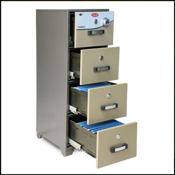 4-Drawer Fireproof Filing Cabinet with a central locking system and fireproof insulation, ideal for office document safety.