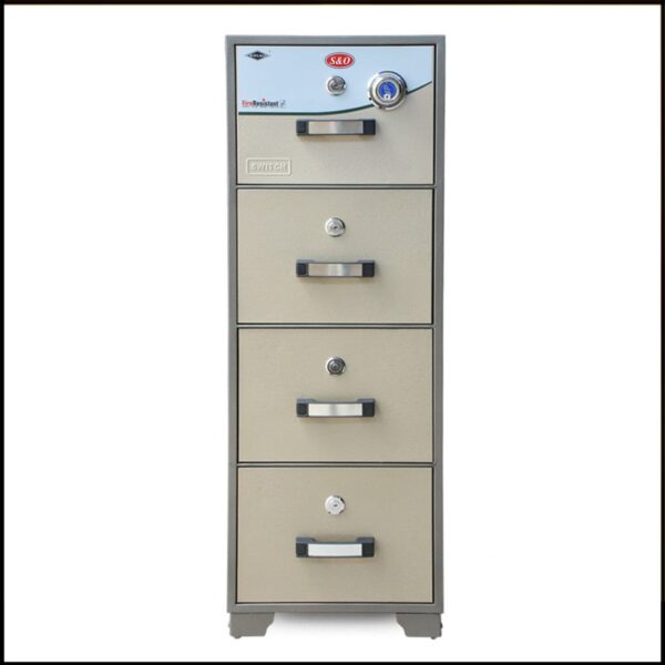 4-Drawer Fireproof Filing Cabinet with a central locking system and fireproof insulation, ideal for office document safety.