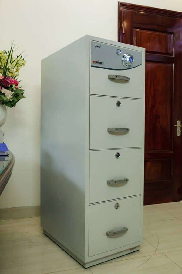 4-Drawer Fireproof Filing Cabinet with a central locking system and fireproof insulation, ideal for office document safety.