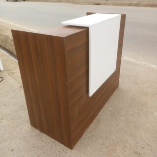 1400mm Office Reception Desk with wood finish, raised counter, and lockable drawers.