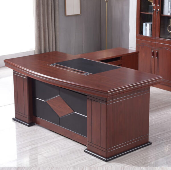 1400mm L-Shape Executive Desk featuring a mahogany finish, leatherette inlay, and ample storage, ideal for professional office settings.