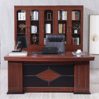 1400mm L-Shape Executive Desk featuring a mahogany finish, leatherette inlay, and ample storage, ideal for professional office settings.