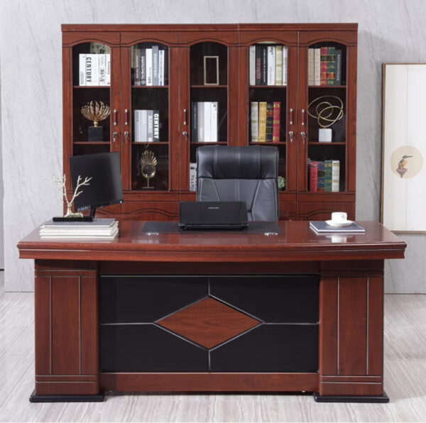 1400mm L-Shape Executive Desk featuring a mahogany finish, leatherette inlay, and ample storage, ideal for professional office settings.