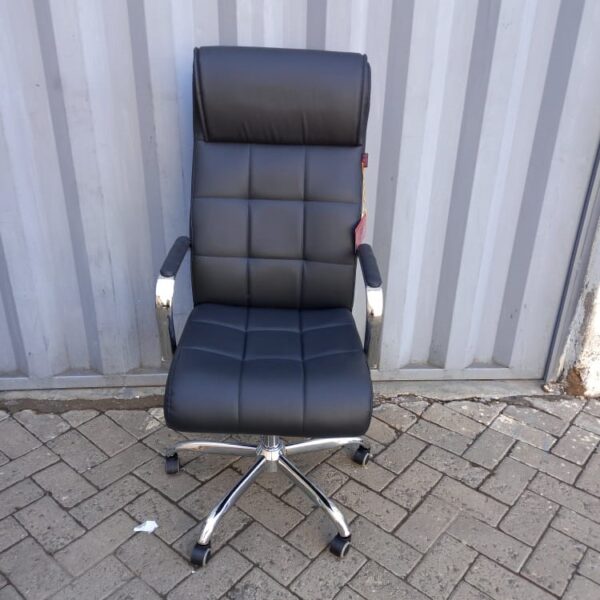 Black leather swivel office chair with chrome base and armrests, ideal for office and home use.