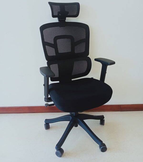 Ergonomic mesh office chair with adjustable backrest, headrest, and lumbar support.