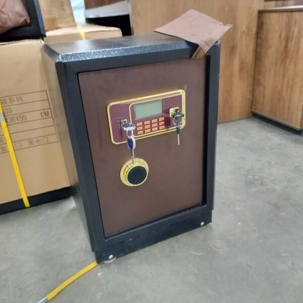 100Kgs Fireproof Safe Box with key and electronic code locking system, designed to protect valuables from fire damage.