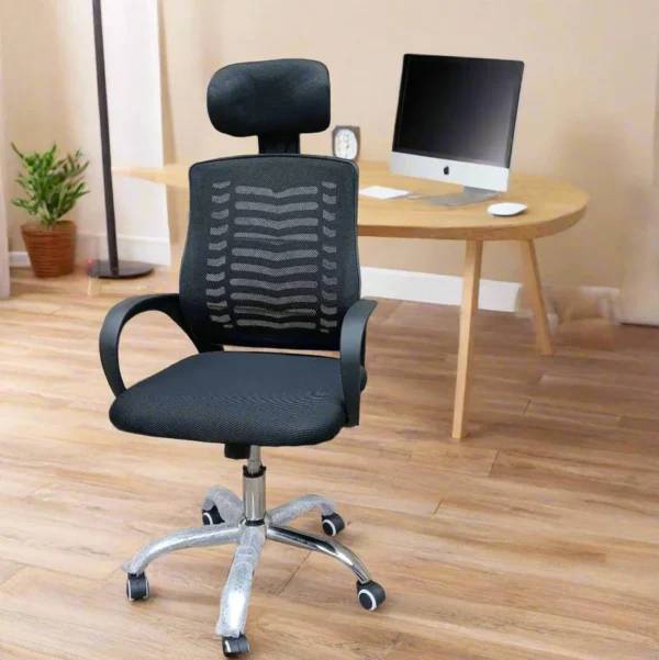 Ergonomic Headrest Mesh Desk Chair designed for comfort, with breathable mesh fabric and adjustable lumbar support, ideal for long office hours.