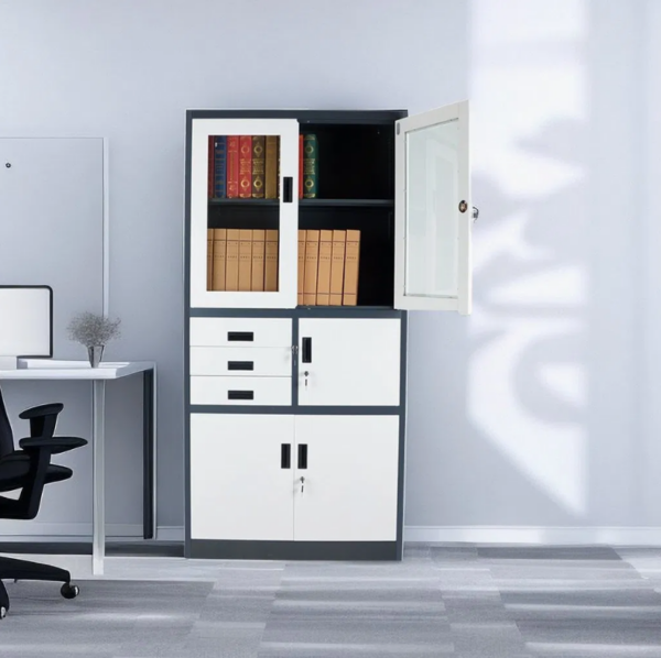 Executive Filing Cabinet with safe, sliding glass doors, and multiple storage compartments for office use.