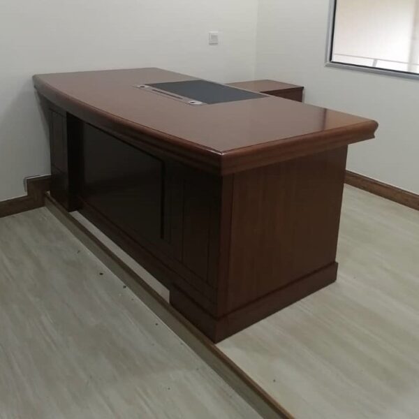 2 Meters Mahogany Office Table with desk return, mobile pedestal, and faux leather writing pad, perfect for executive offices.