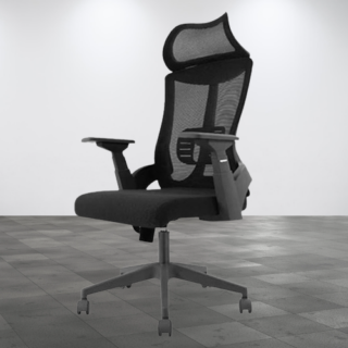 High Back Black Mesh Office Chair with adjustable headrest and lumbar support in a modern office setting.