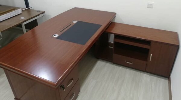 2 Meters Mahogany Office Table with desk return, mobile pedestal, and faux leather writing pad, perfect for executive offices.