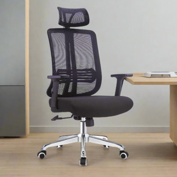 Ergonomic mesh office chair, adjustable height chair, office chair with lumbar support, breathable mesh back chair, high-back office chair, adjustable headrest chair, office chair with T-shaped armrests, reclining office chair, black office chair, swivel desk chair, wheeled office chair, posture support chair, comfortable desk chair, mesh office chair for long hours, ergonomic desk chair