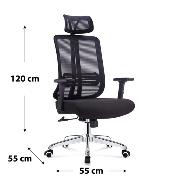 Ergonomic mesh office chair, adjustable height chair, office chair with lumbar support, breathable mesh back chair, high-back office chair, adjustable headrest chair, office chair with T-shaped armrests, reclining office chair, black office chair, swivel desk chair, wheeled office chair, posture support chair, comfortable desk chair, mesh office chair for long hours, ergonomic desk chair