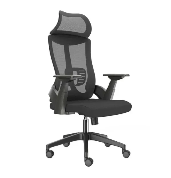 High Back Black Mesh Office Chair with adjustable headrest and lumbar support in a modern office setting.