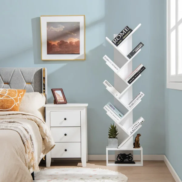 10-Tier Tree Bookcase in white, featuring 10 open shelves and a removable drawer for storage.