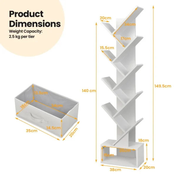 10-Tier Tree Bookcase in white, featuring 10 open shelves and a removable drawer for storage.