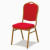 Conference or banquet chair with red fabric upholstery and a golden metallic frame in an elegant indoor setting.