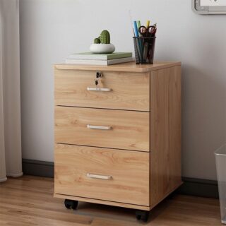 3-Drawer Mobile Wooden Pedestal with a sleek wooden finish and smooth-rolling casters, ideal for modern office storage.