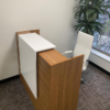 1400mm Custom Reception Desk with wood-grain finish and white accent, ideal for professional reception areas.