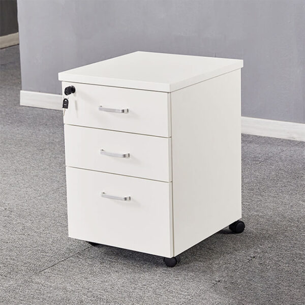 3-Drawer Wooden Filing Pedestal with smooth-rolling wheels and lockable drawers in an office setting.