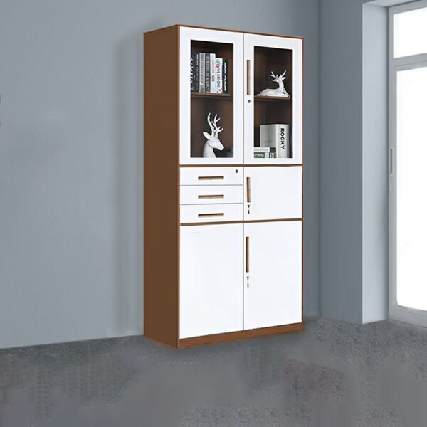 Modern steel vertical filing cabinet with 3 drawers, lockable safe compartment, glass-paneled doors, and heavy-duty steel construction for office storage.