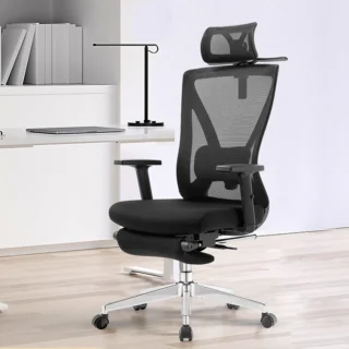 High Back Mesh Chair with footrest, adjustable lumbar pillow, and reclining backrest in a home office setting.