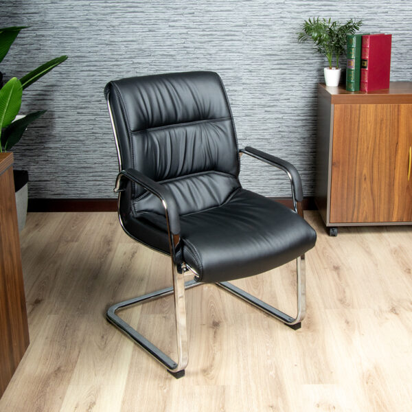 Stylish black leather visitor chair with chrome cantilever frame, ergonomic padded seat, and backrest, perfect for offices and reception areas.