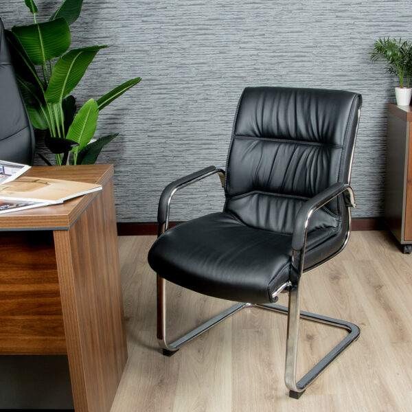 Stylish black leather visitor chair with chrome cantilever frame, ergonomic padded seat, and backrest, perfect for offices and reception areas.