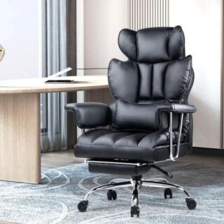 Ergonomic PU leather executive chair with adjustable height, reclining backrest, and footrest, designed for comfort and durability in office or home use.