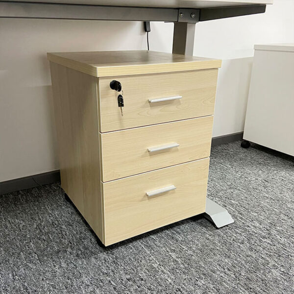 3-Drawer Wooden Filing Pedestal with smooth-rolling wheels and lockable drawers in an office setting.