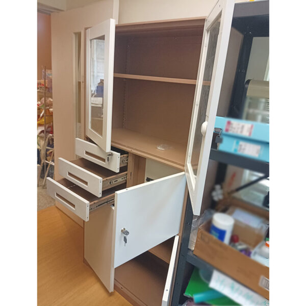 Modern steel vertical filing cabinet with 3 drawers, lockable safe compartment, glass-paneled doors, and heavy-duty steel construction for office storage.