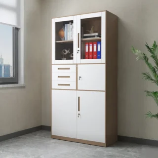 Modern steel vertical filing cabinet with 3 drawers, lockable safe compartment, glass-paneled doors, and heavy-duty steel construction for office storage.