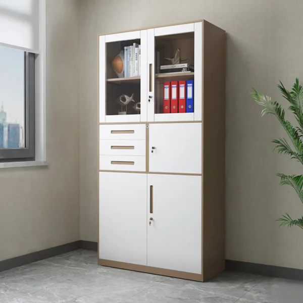 Modern steel vertical filing cabinet with 3 drawers, lockable safe compartment, glass-paneled doors, and heavy-duty steel construction for office storage.