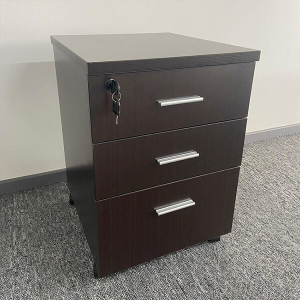 3-Drawer Wooden Filing Pedestal with smooth-rolling wheels and lockable drawers in an office setting.