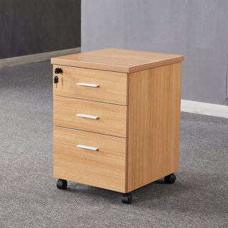 3-Drawer Wooden Filing Pedestal with smooth-rolling wheels and lockable drawers in an office setting.