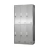 6-Door Metal Locker Cabinet with gray-white finish, lockable compartments, and adjustable feet for stability.
