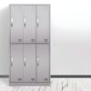 6-Door Metal Locker Cabinet with gray-white finish, lockable compartments, and adjustable feet for stability.