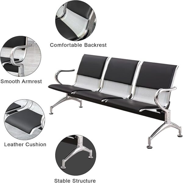 PU Leather 3-Seater Office Bench with padded seats, metal frame, and sleek design, perfect for professional waiting areas and office spaces.